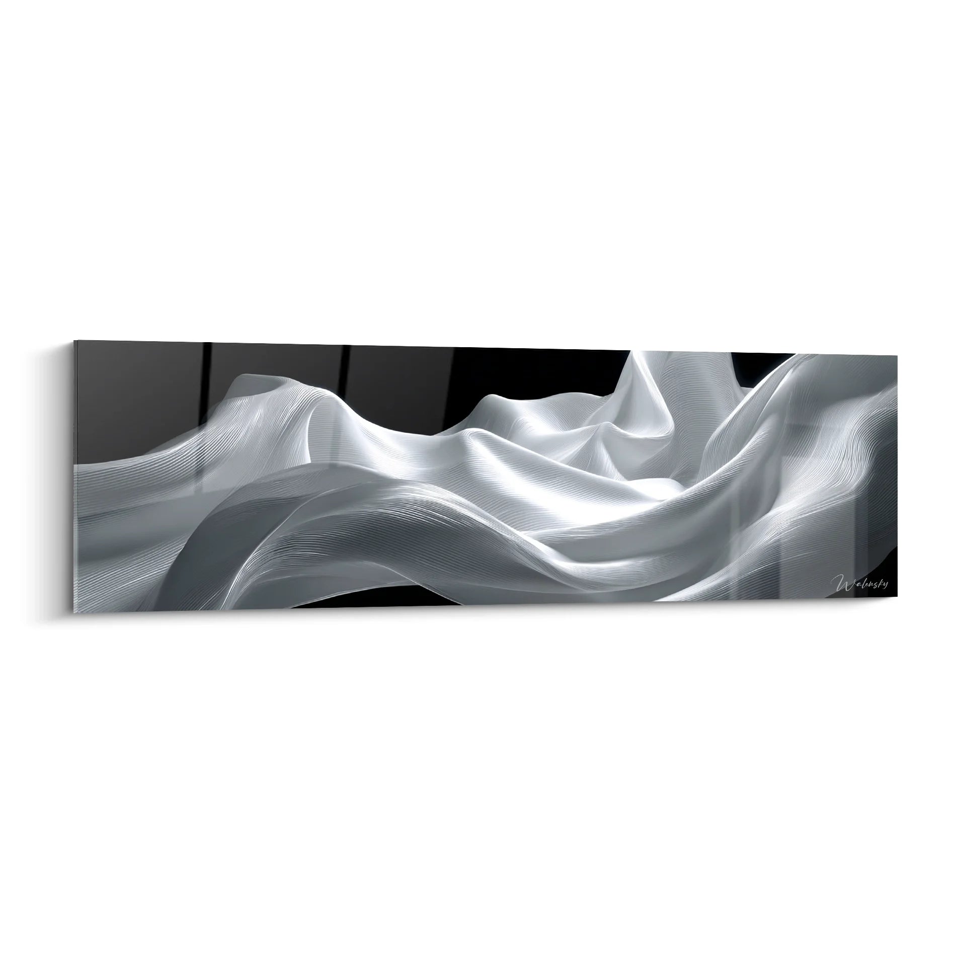 Tableau noir et blanc abstrait représentant des vagues fluides et ondulations lumineuses pour décoration moderne