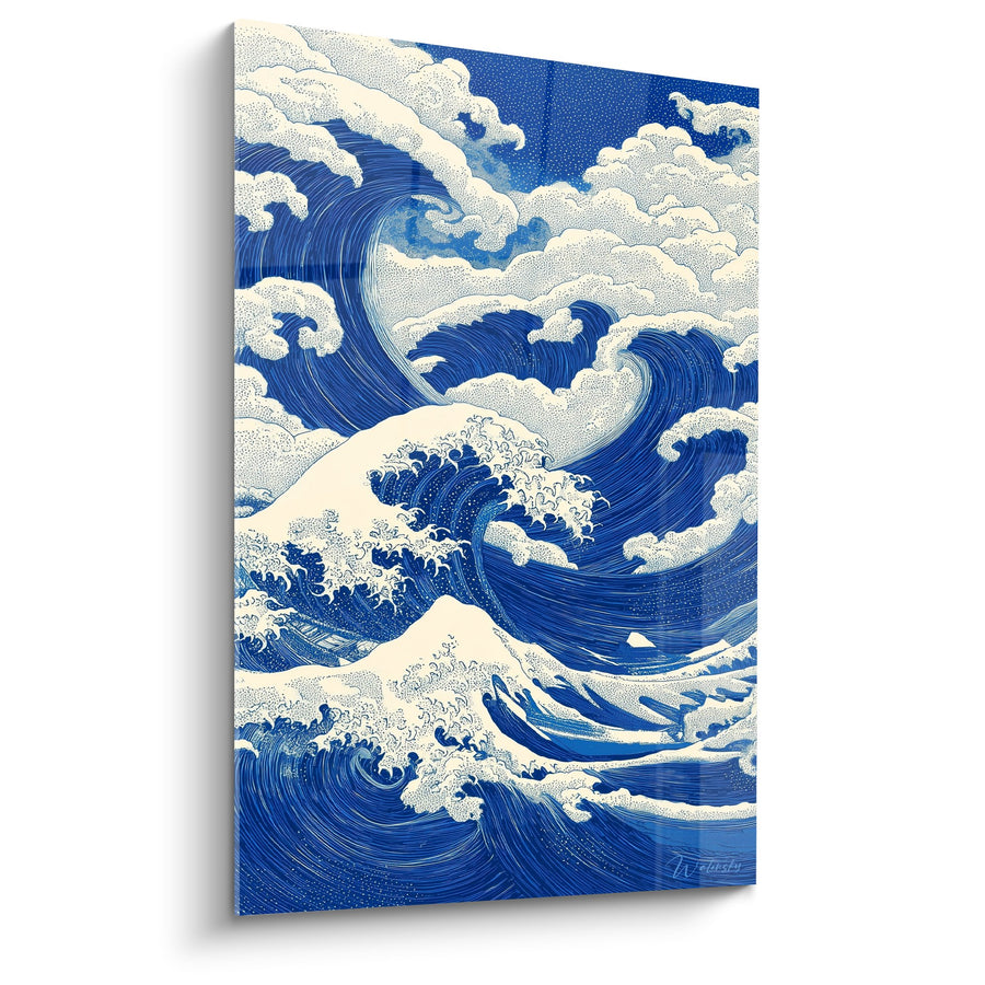 Tableau Vagues Japonaises Bleues et Blanches - Tempête Océanique - Edition Feng shui Nord Eau