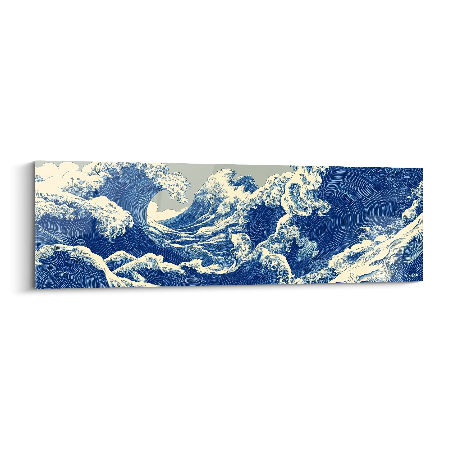 Tableau panoramique vagues oceanique bleues blanches style japonais feng shui nord eau decoration murale