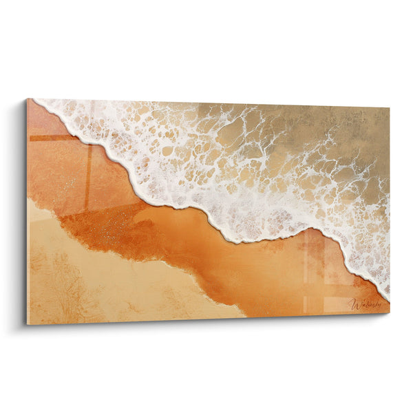 Schilderij van gouden en witte oceaanvlagen op oranje zand - Gouden Kust - Feng Shui Centrum Aarde Editie