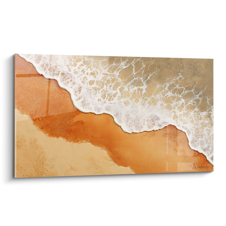 Tableau vagues océaniques dorées et blanches sur sable orangé - Rivage Doré - Edition Feng shui Centre Terre