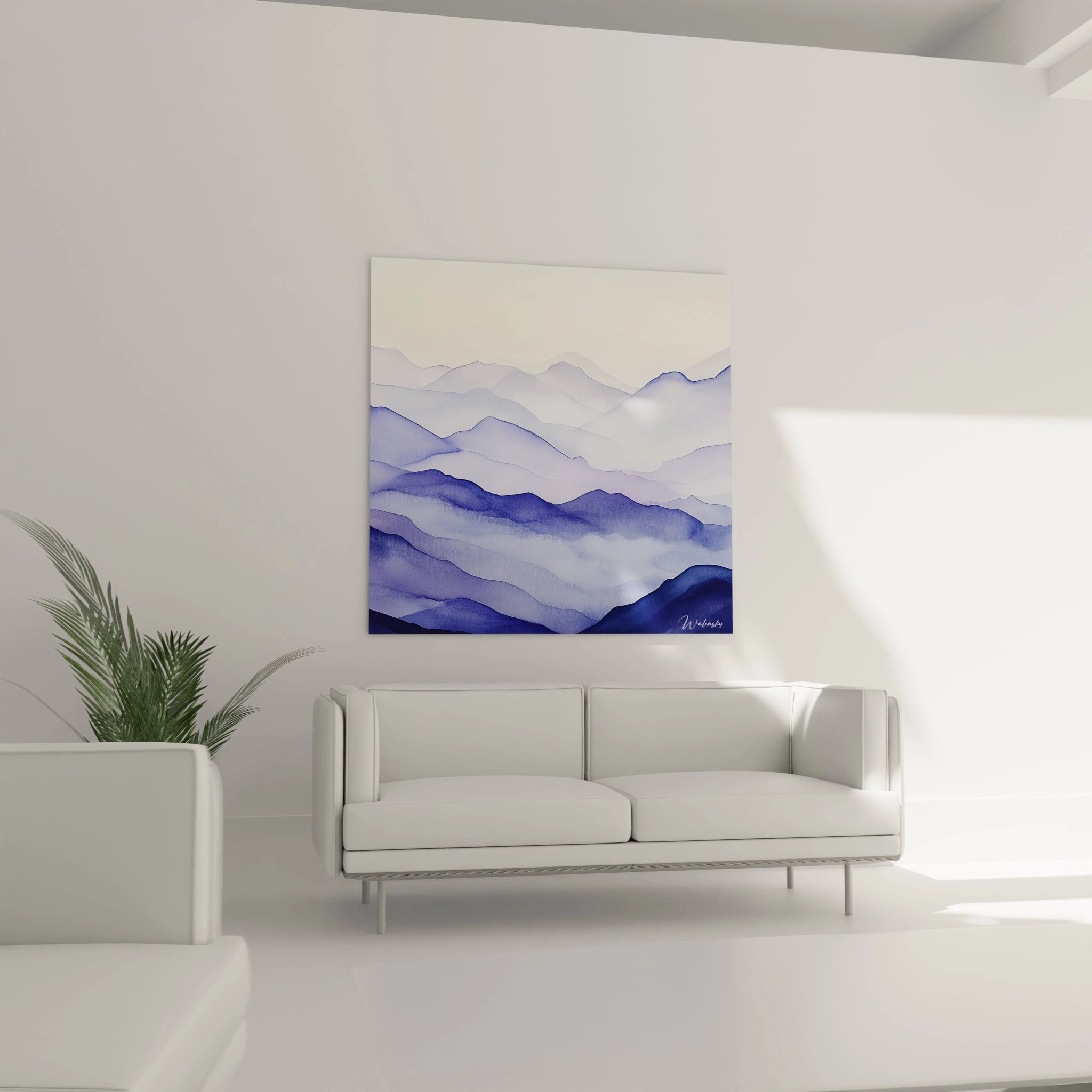 Un tableau mer abstrait illustrant des formations ondoyantes en camaïeu de bleus et violets, présentant des textures aquarellées qui se fondent harmonieusement, créant un effet de profondeur et de mouvement fluide.
