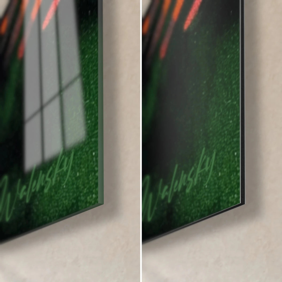 Quadro onde psichedeliche rosse e gialle, angolo in basso a destra verde profondo, vetro acrilico lucido a sinistra, Dibond opaco a destra, spessore 3 mm