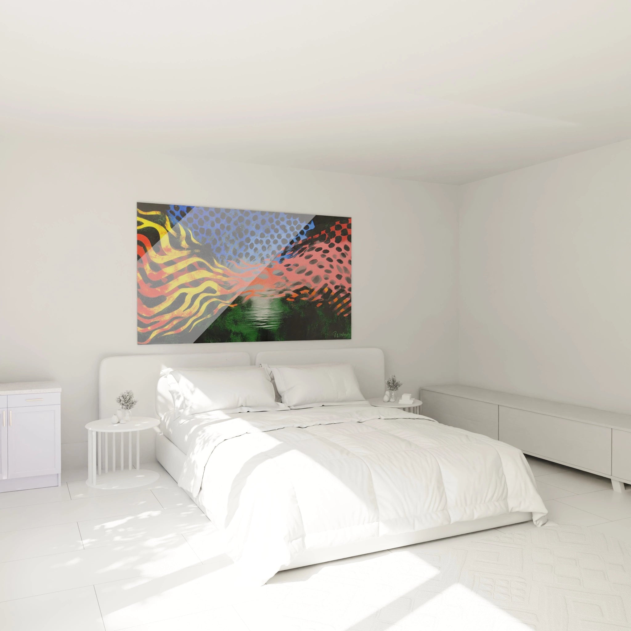 tableau op art vague cinétique Walensky accroché au dessus d un lit blanc dans une chambre minimaliste