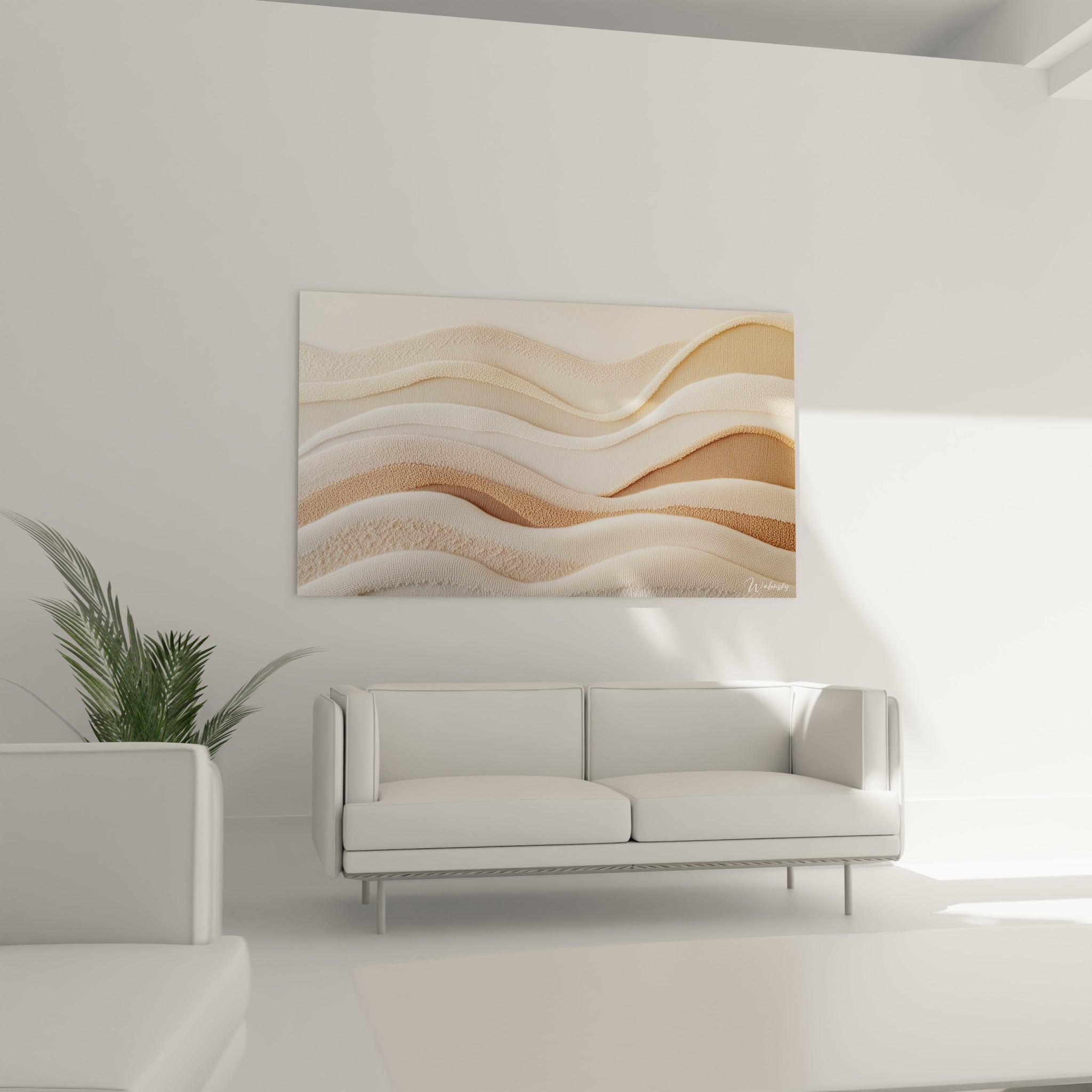 Un tableau abstrait composé de strates texturées en relief, aux ondulations fluides dans des tons beige, blanc crémeux et sable doré, créant une composition épurée et organique rappelant le mouvement naturel des dunes ou des vagues océaniques.
