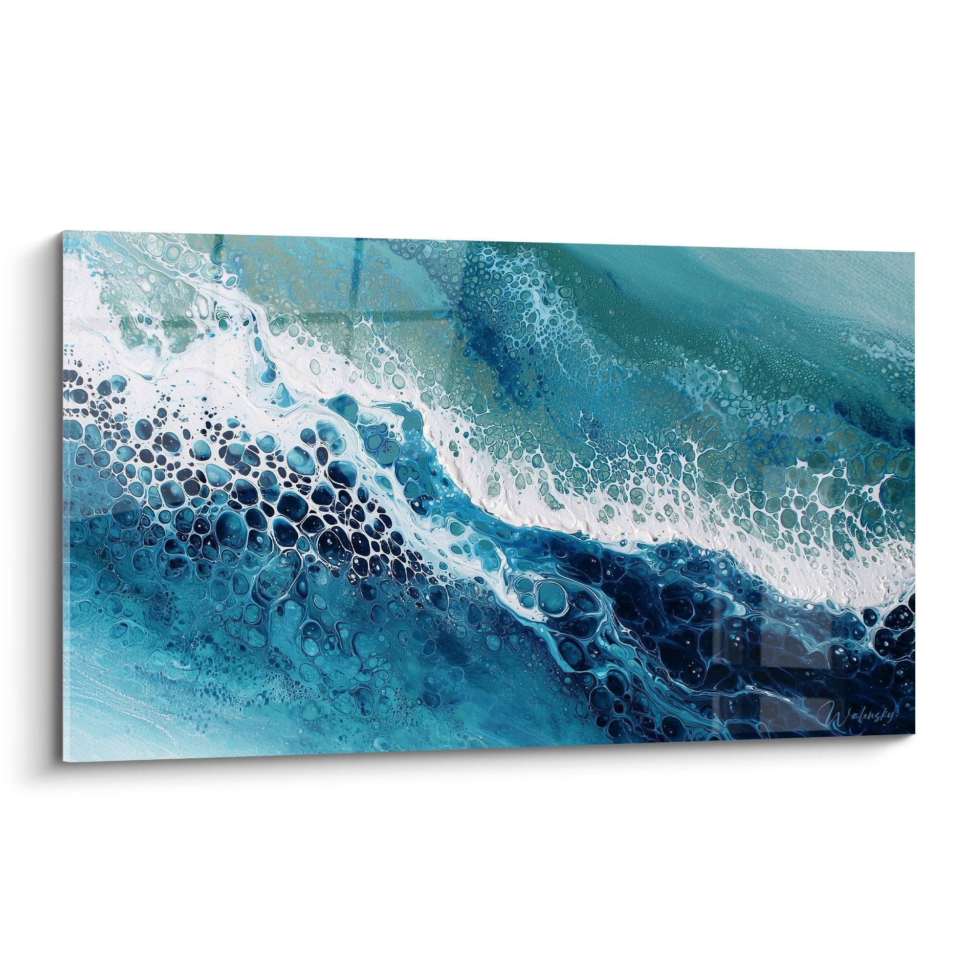 Modern turquoise white waves golden bubbles feng shui north water wall art ocean