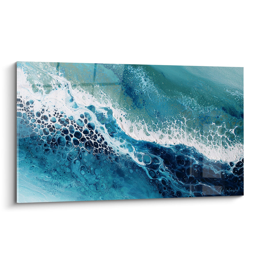 Tableau Vagues Océaniques Turquoise et Blanc avec Bulles Dorées - Harmonie Marine - Edition Feng shui Nord Eau