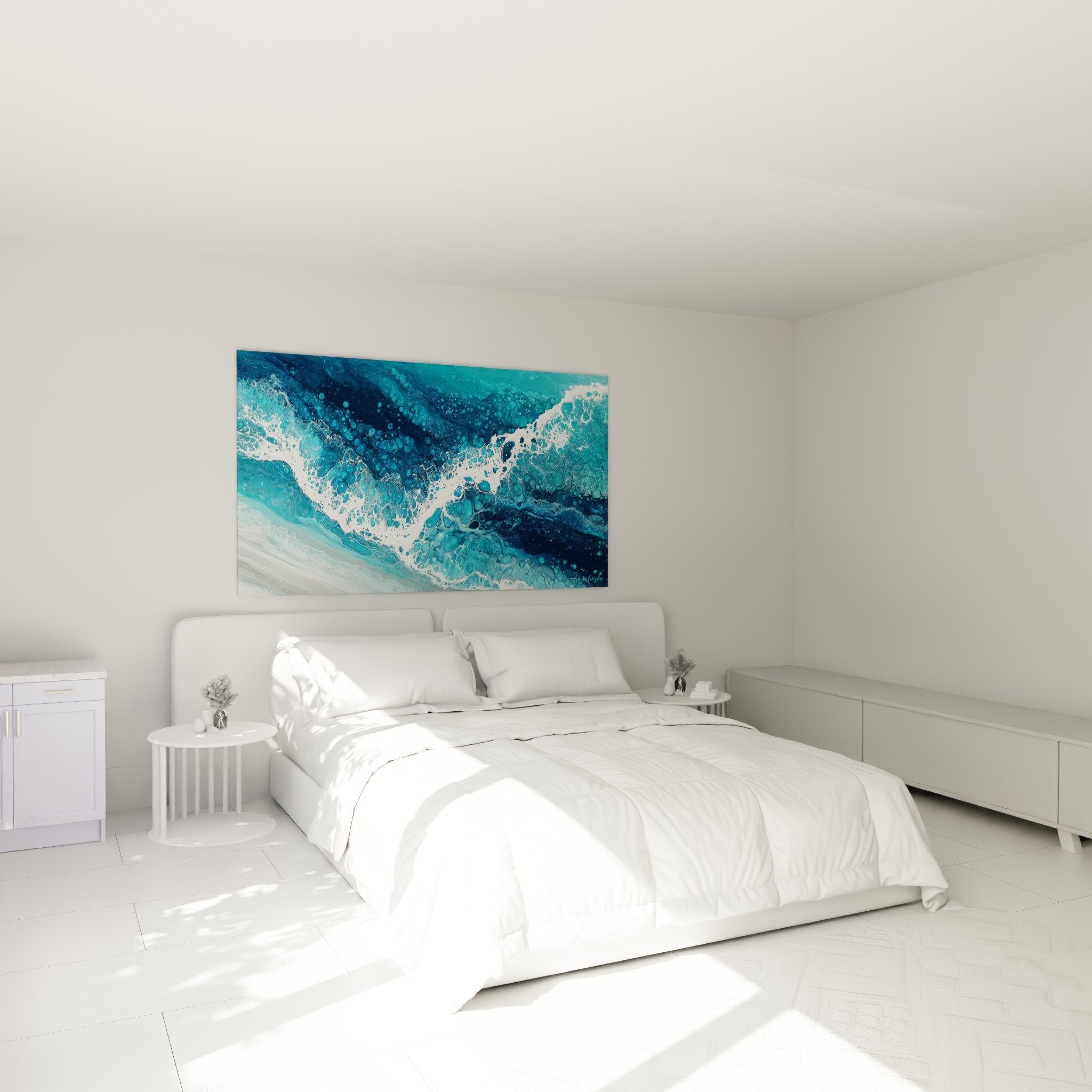 Turquoise waves wall art bedroom decoration feng shui north water zen marine ambiance