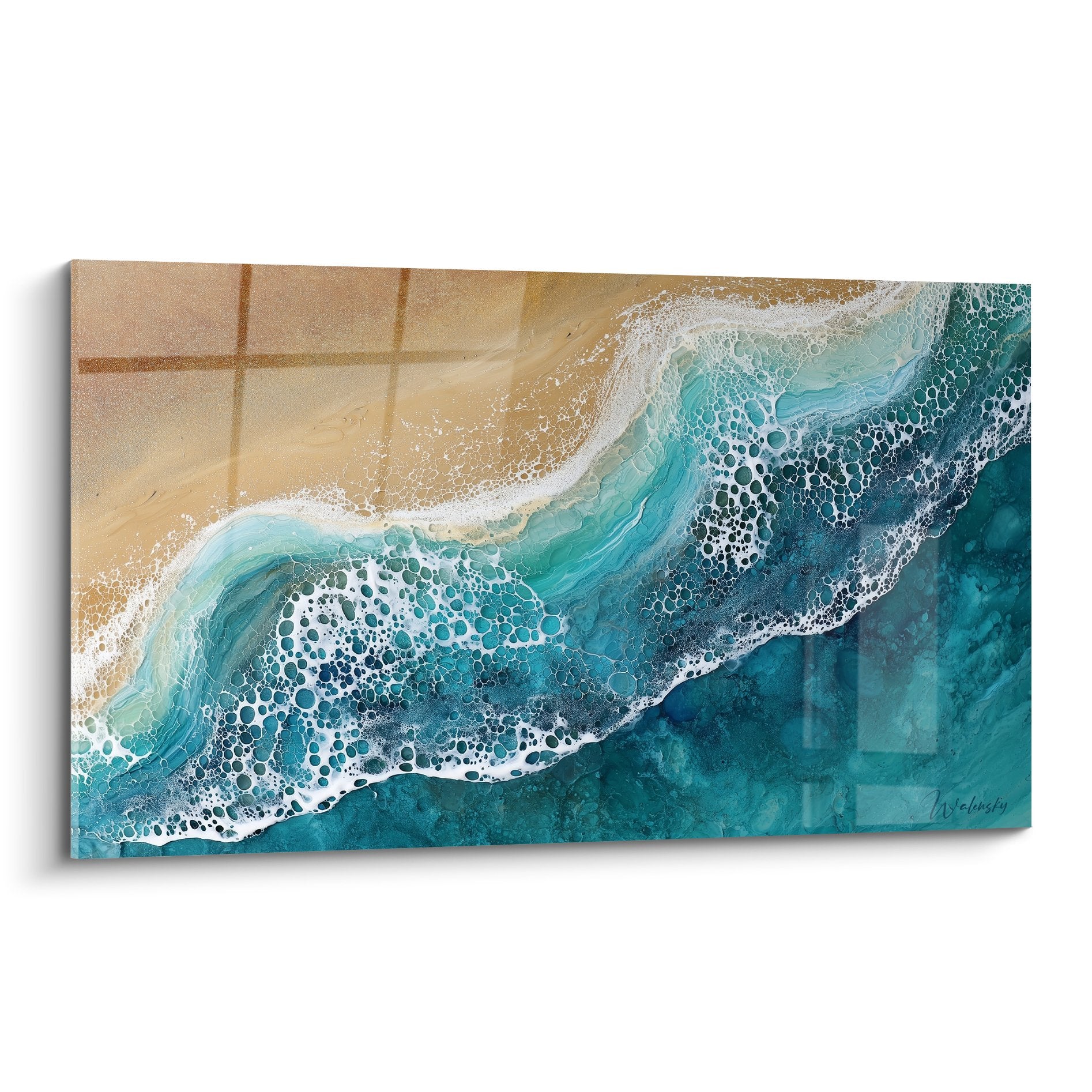 Turquoise waves white foam golden beach contemporary feng shui north water ocean wall art