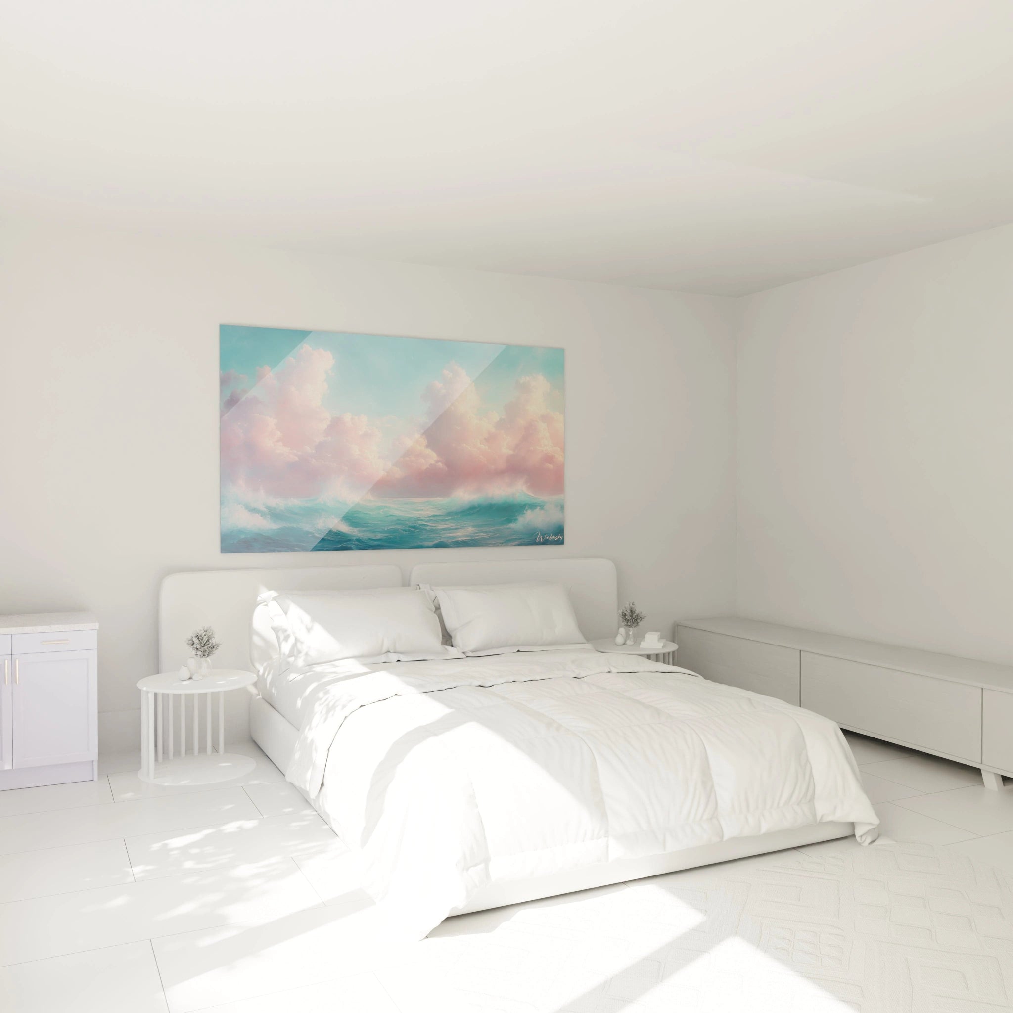 Un tableau mer capturant l'instant où des vagues dynamiques turquoise rencontrent un horizon de nuages roses et blancs, présentant des textures épaisses pour l'eau et des transitions vaporeuses pour le ciel, offrant une perspective horizontale infinie.

