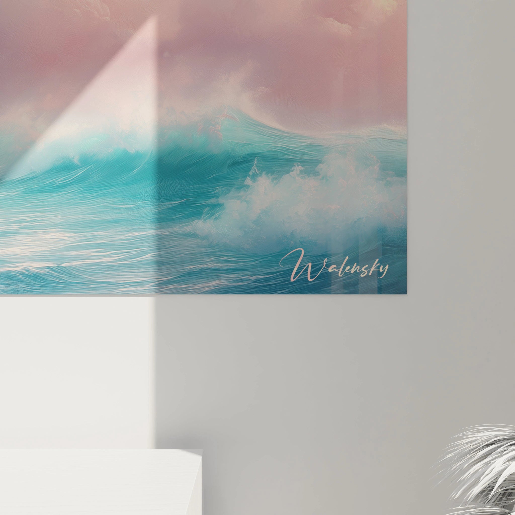 Un tableau mer divisant l'espace entre des vagues turquoise texturées et un ciel aux nuages roses vaporeux, utilisant des variations subtiles de couleurs et de coups de pinceau directionnels pour créer une impression de mouvement perpétuel et de sérénité atmosphérique.
