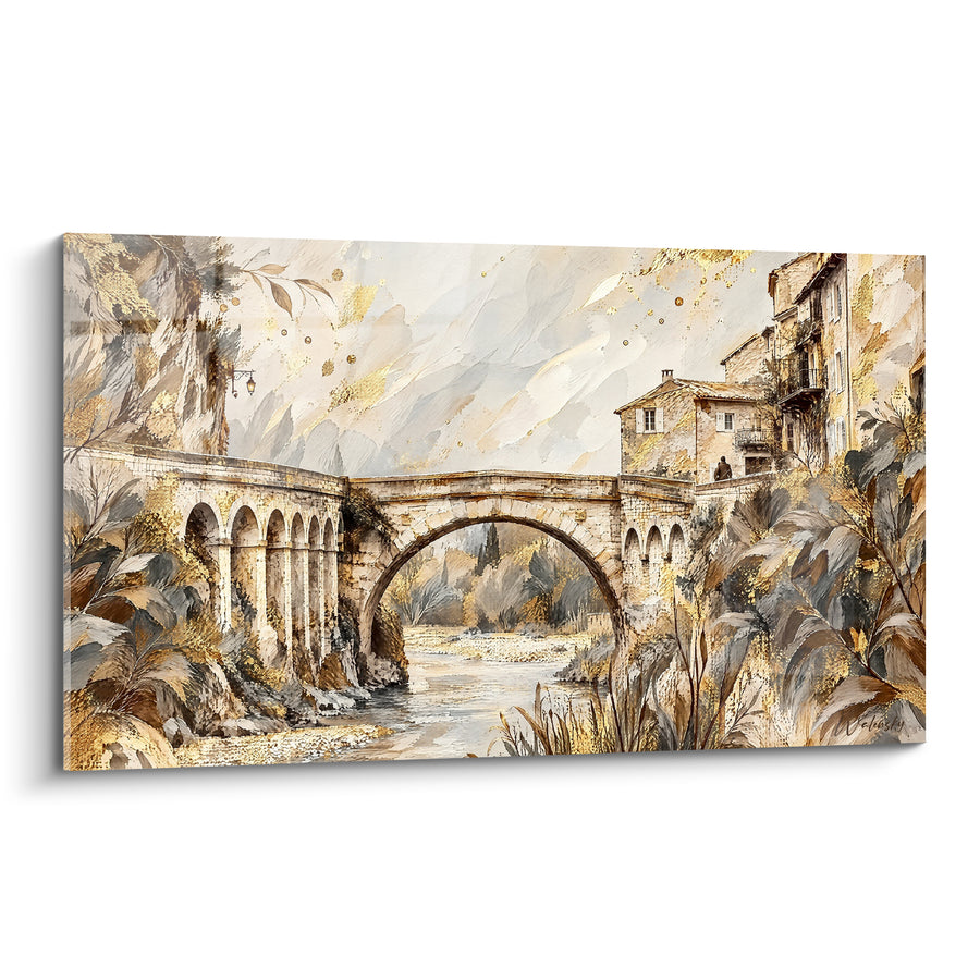 Gemälde Goldene römische Brücke mit den Hügelhäusern - Zeitlose Passage - Edition Vaison-la-Romaine Provence-Alpes-Côte d'Azur Frankreich