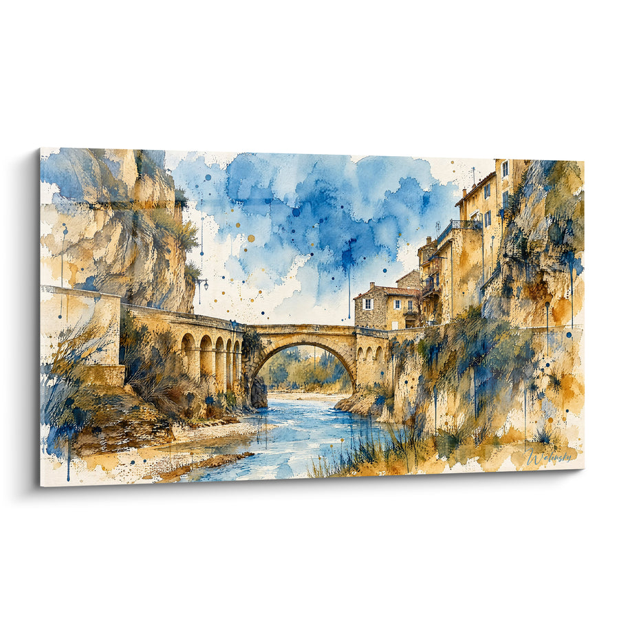 Gemälde Römische Brücke in Ocker und Blau über einem Fluss – Provenzalische Flussüberquerung – Edition Vaison-la-Romaine Provence-Alpes-Côte d'Azur Frankreich