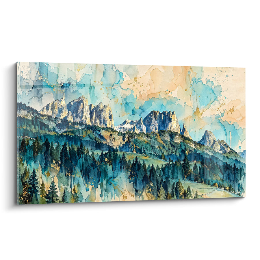 Tableau Dolomites aux sommets bleus et dorés - Lever sur les cimes - Edition Val di Fassa Trentin-Haut-Adige Italie