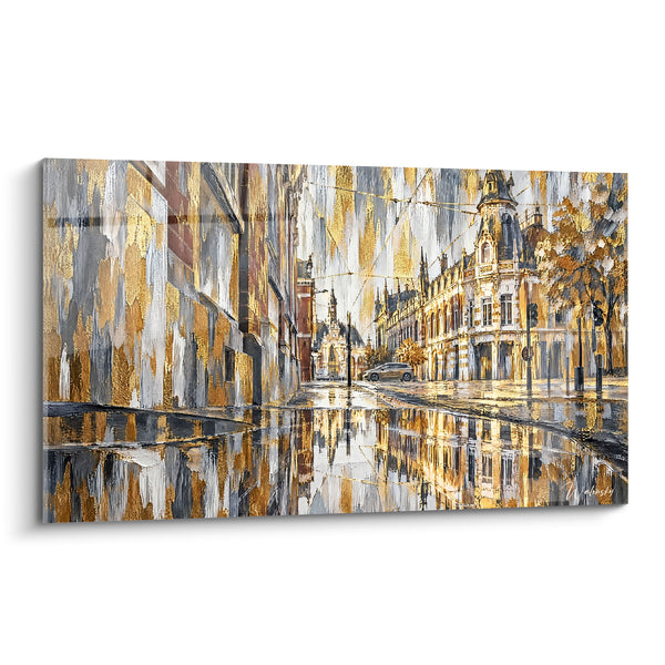 Tableau Rue pavée dorée aux reflets argentés - Miroir de pluie - Edition Valenciennes Hauts-de-France