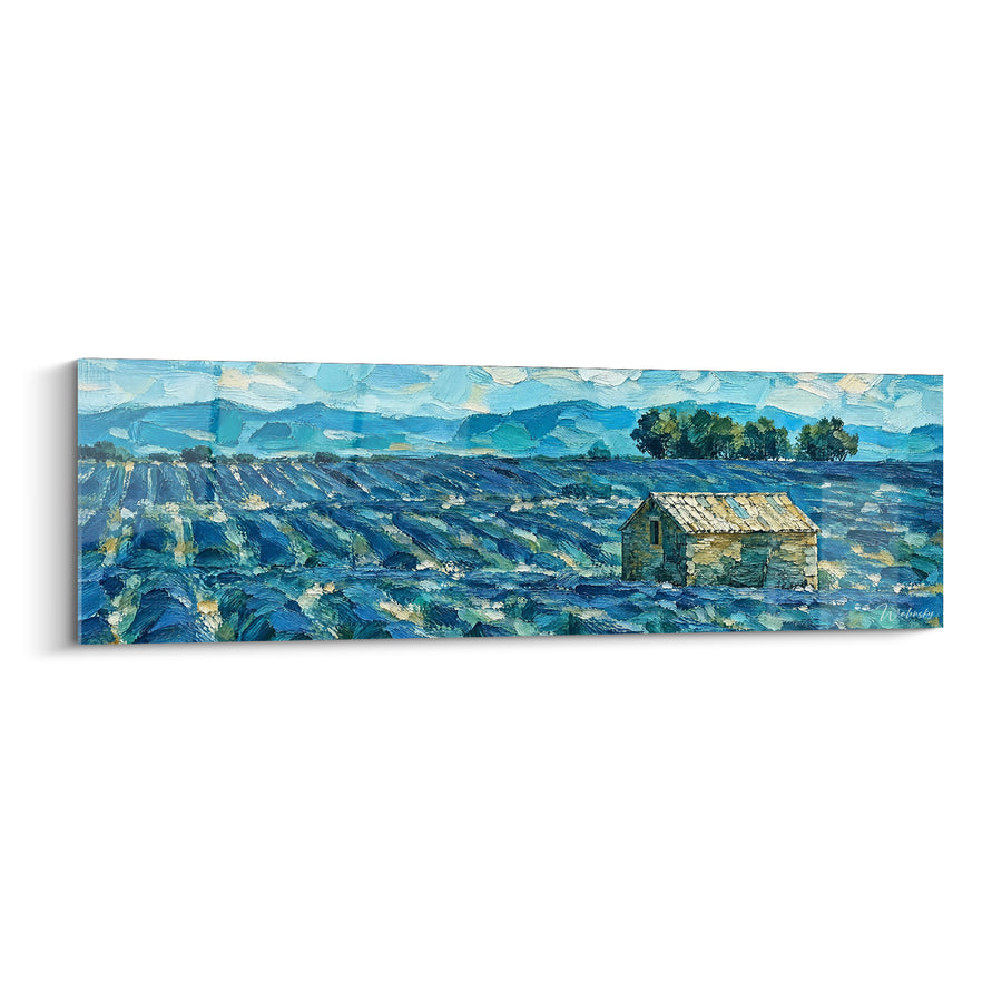 Tableau Cabanon de pierre dans champ bleu et vert - Bouquet d'arbres lointains - Edition Valensole Provence-Alpes-Côte d'Azur France