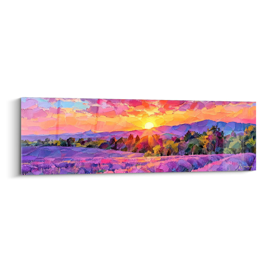 Tableau Ligne d'arbres verts et orange devant soleil éclatant - Rangée d'arbres automnaux - Edition Valensole Provence-Alpes-Côte d'Azur France