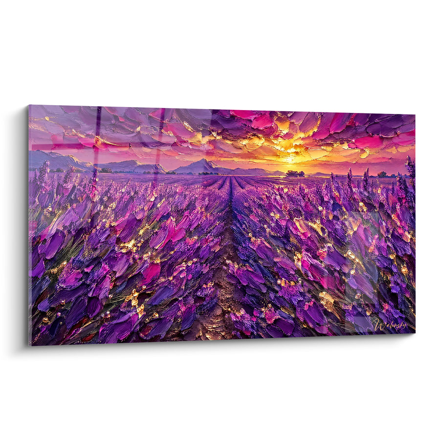 Tableau Champ de lavande violet et rose vers les montagnes - Soleil radieux à l'horizon - Edition Valensole Provence-Alpes-Côte d'Azur France