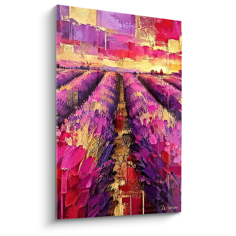 Tableau Champ de lavande rose et violet en patchwork céleste - Sillon central doré - Edition Valensole Provence-Alpes-Côte d'Azur France