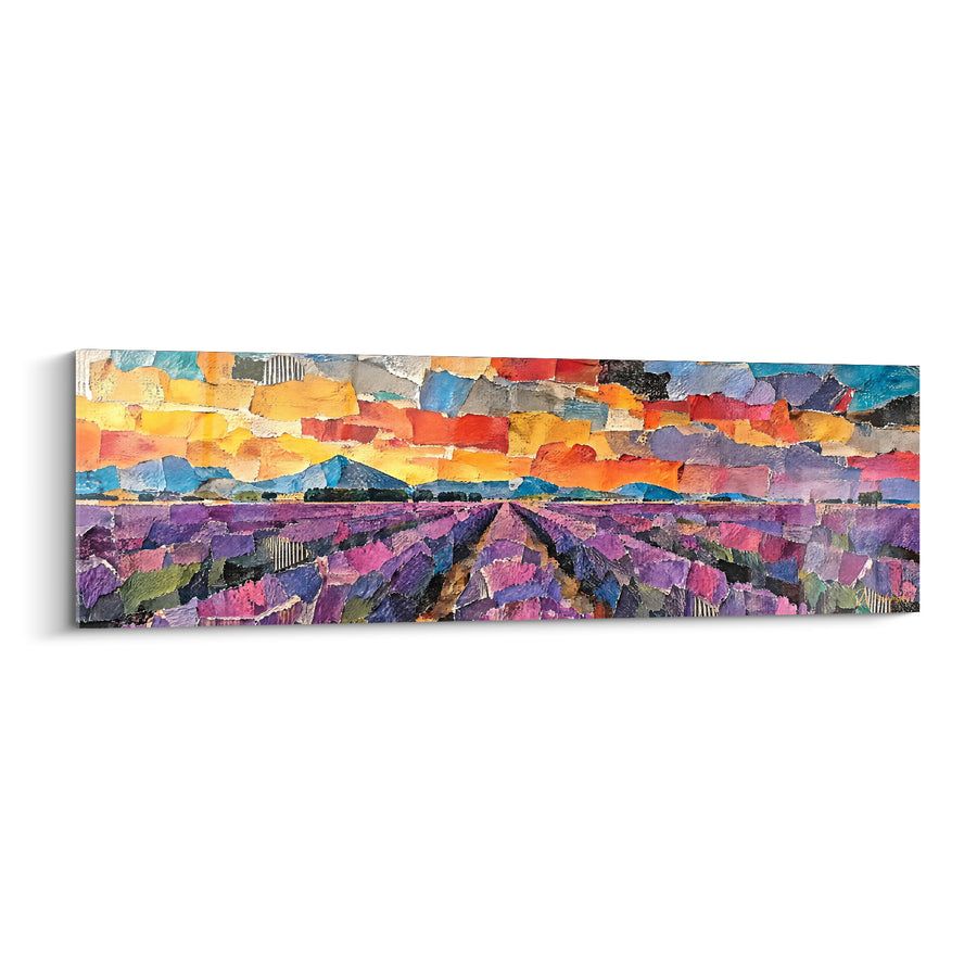 Tableau Champ de lavande violet et bleu en mosaïque de patchs - Ciel en collage éclaté - Edition Valensole Provence-Alpes-Côte d'Azur France