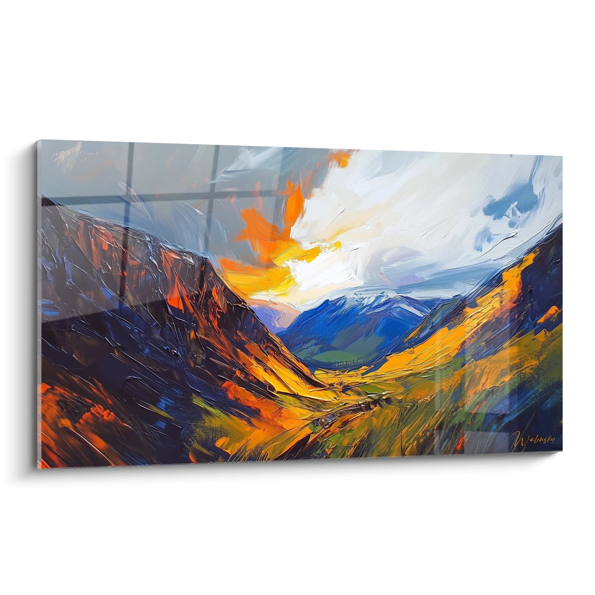 Tableau montagne avec paysage alpin aux tons orangés et bleus, montagnes rocheuses sous un ciel enflammé au coucher du soleil, texture expressive au pinceau large
