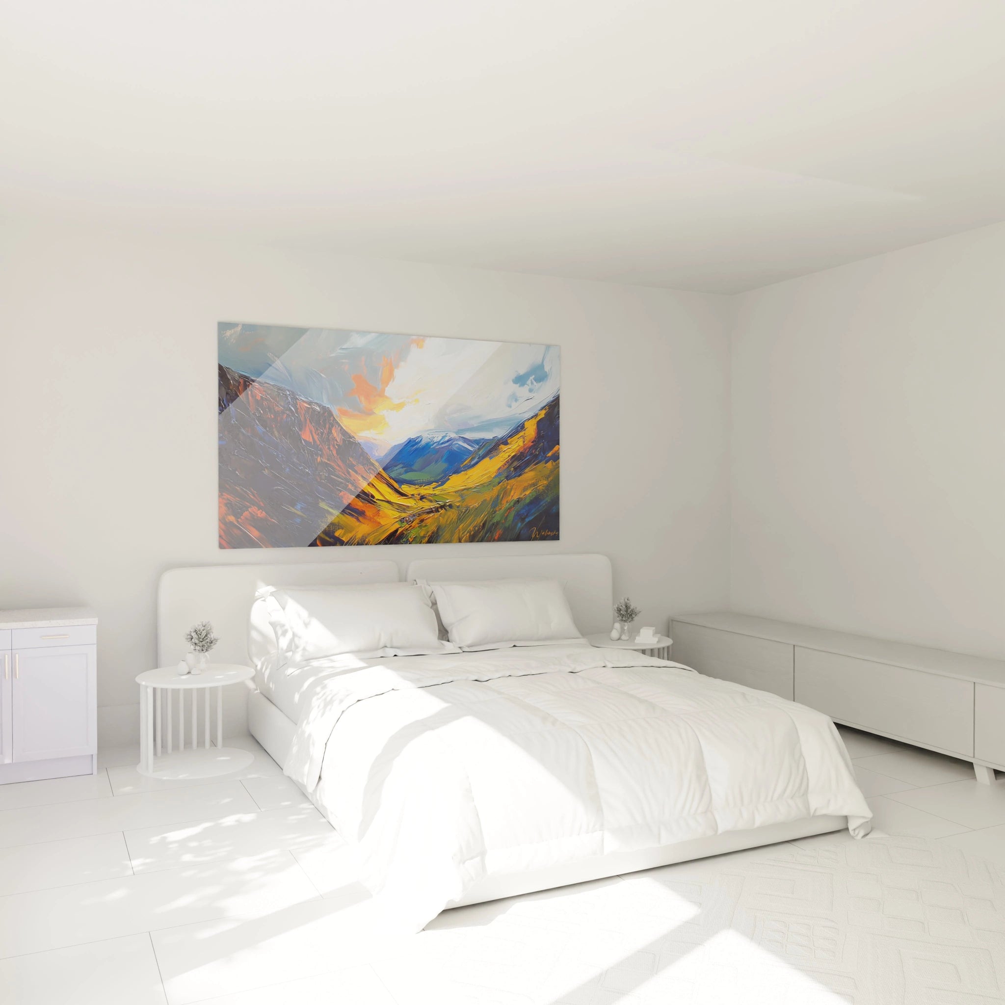 Tableau montagne présentant une vallée alpine centrale, sommets rocheux illuminés en orange et jaune, ombres bleues profondes, technique expressionniste aux empâtements visibles
