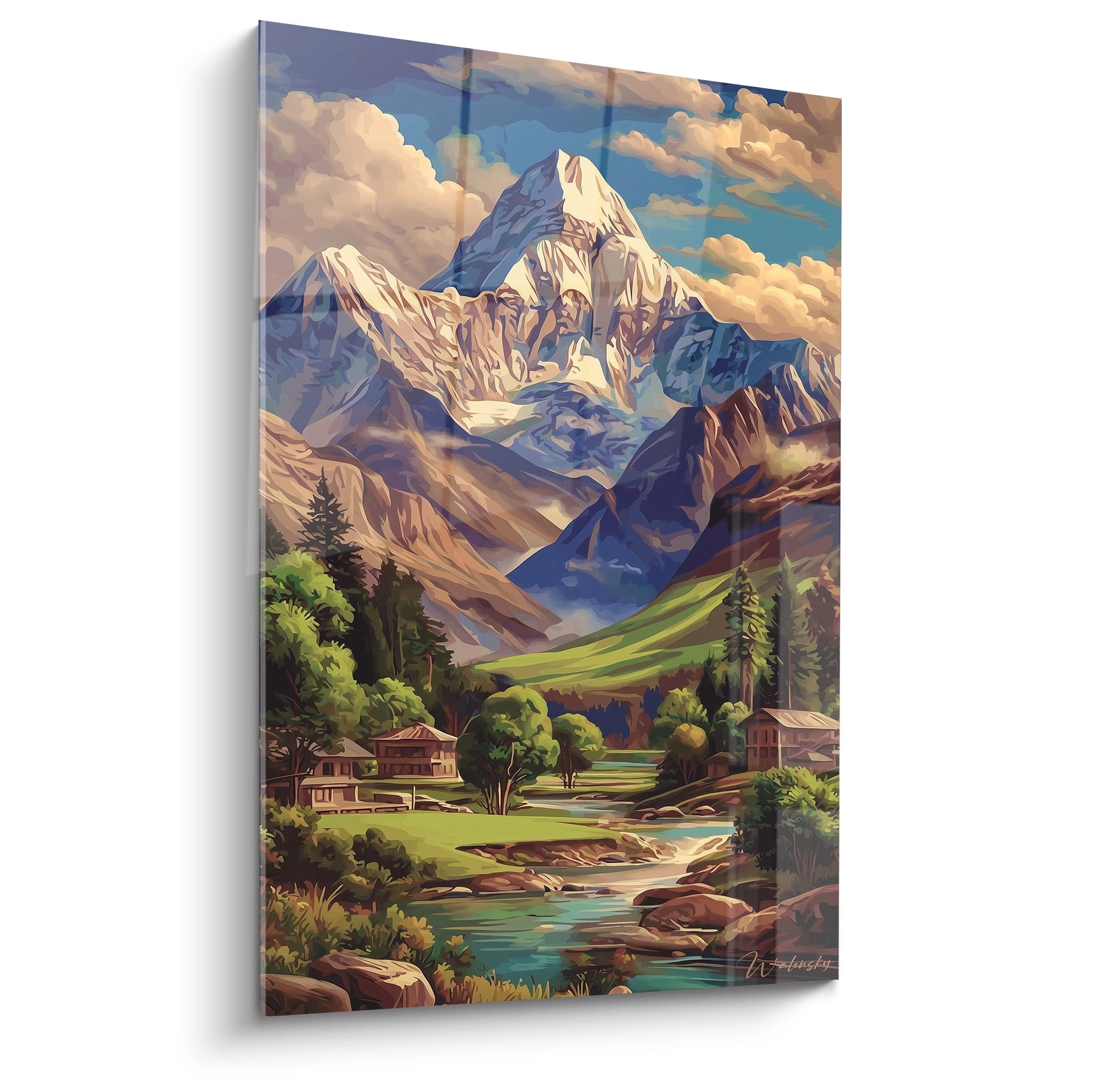 Tableau vallée alpine avec chalet et sommets enneigés - décoration montagne premium