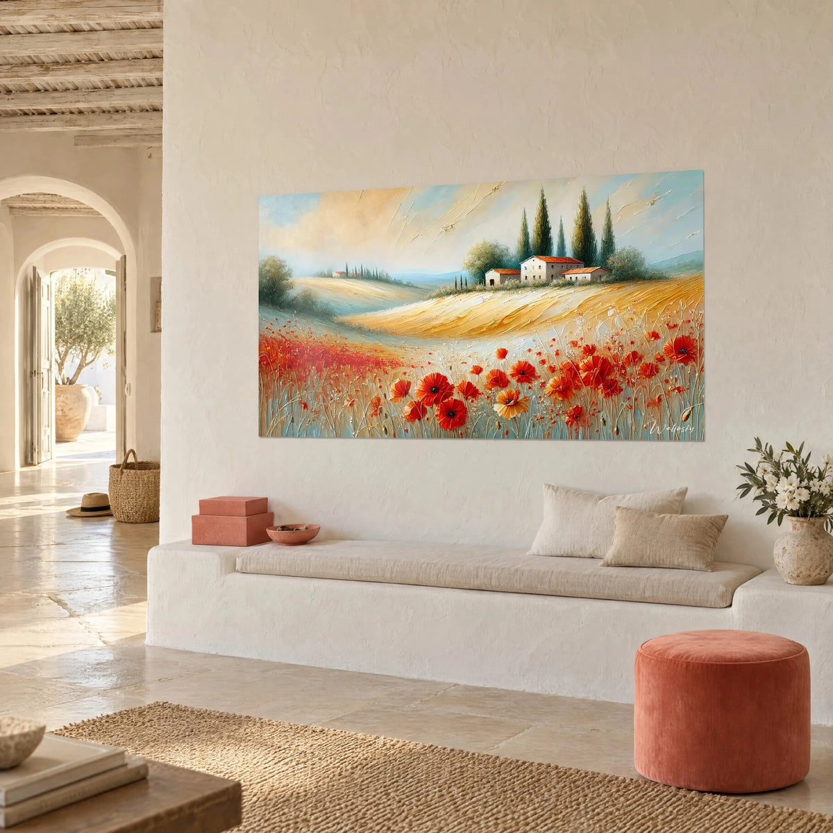 Schilderij van een Toscaanse boerderij met oranje daken op een gouden heuvel, lichtblauwe lucht, getoond in driekwartzicht