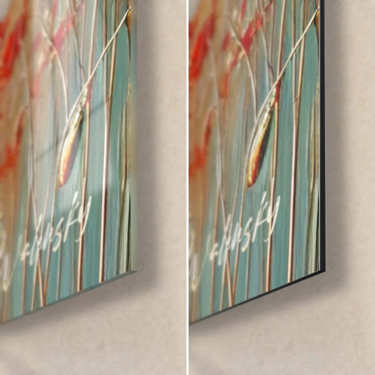 Schilderij van een veld vuurrode klaprozen, rechtsonder: glanzend acrylglas links, mat turquoise Dibond rechts