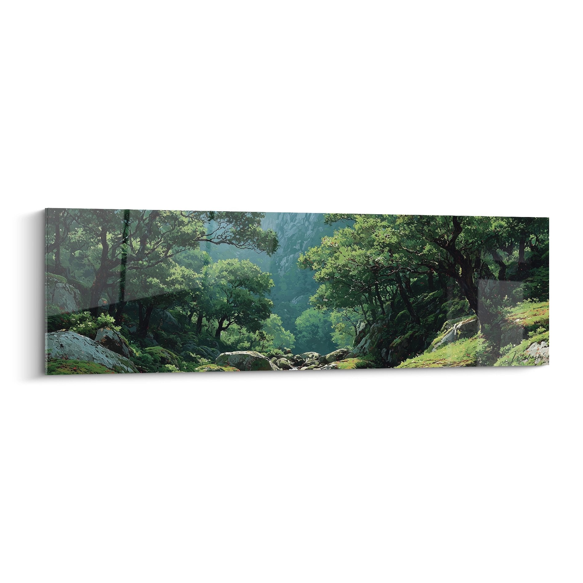 Tableau vallée forestière mystique avec arbres verts et ruisseau, art mural nature zen
