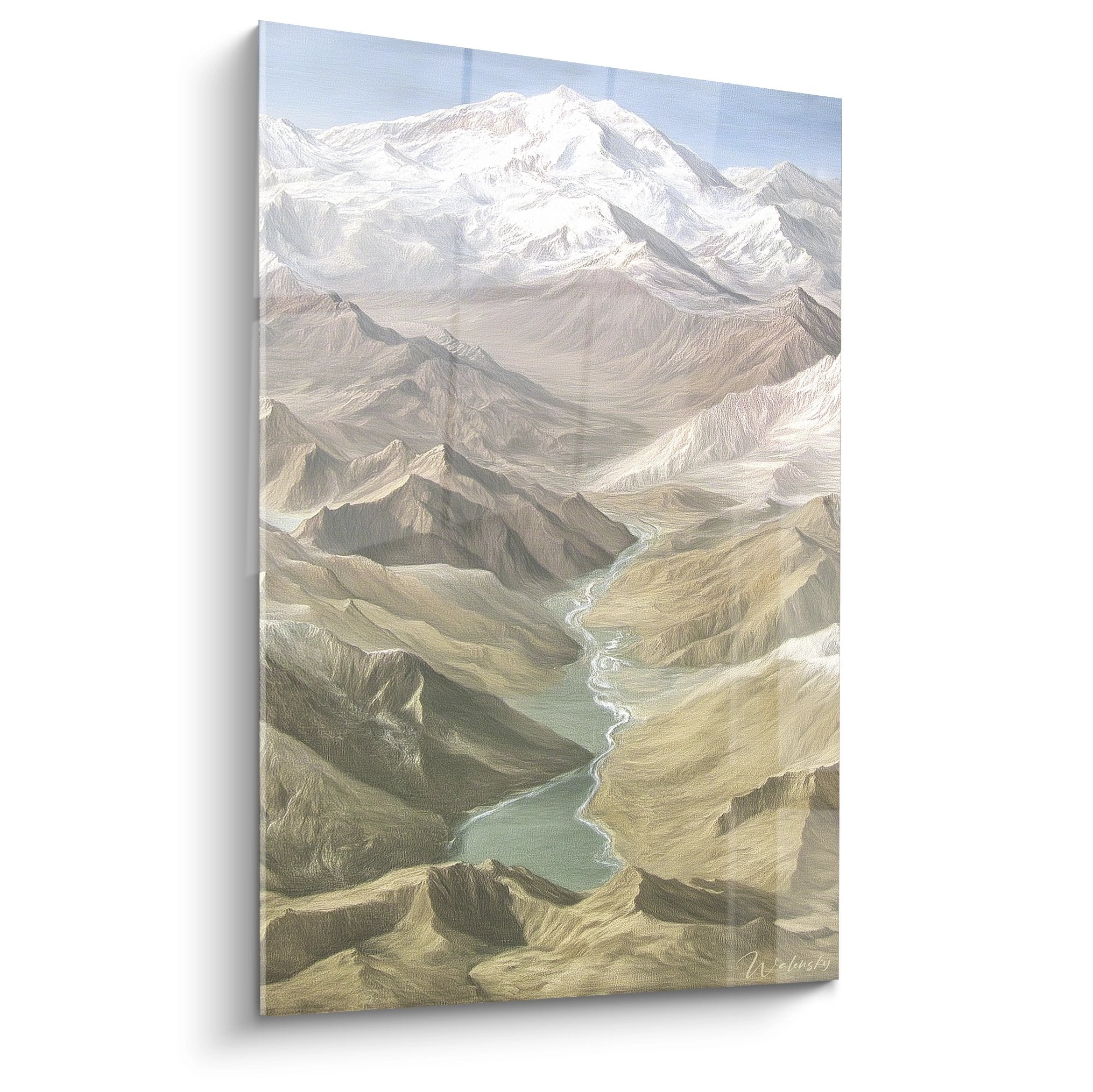 Tableau mural vallée glaciaire avec rivière turquoise serpentant entre sommets enneigés et reliefs ocre