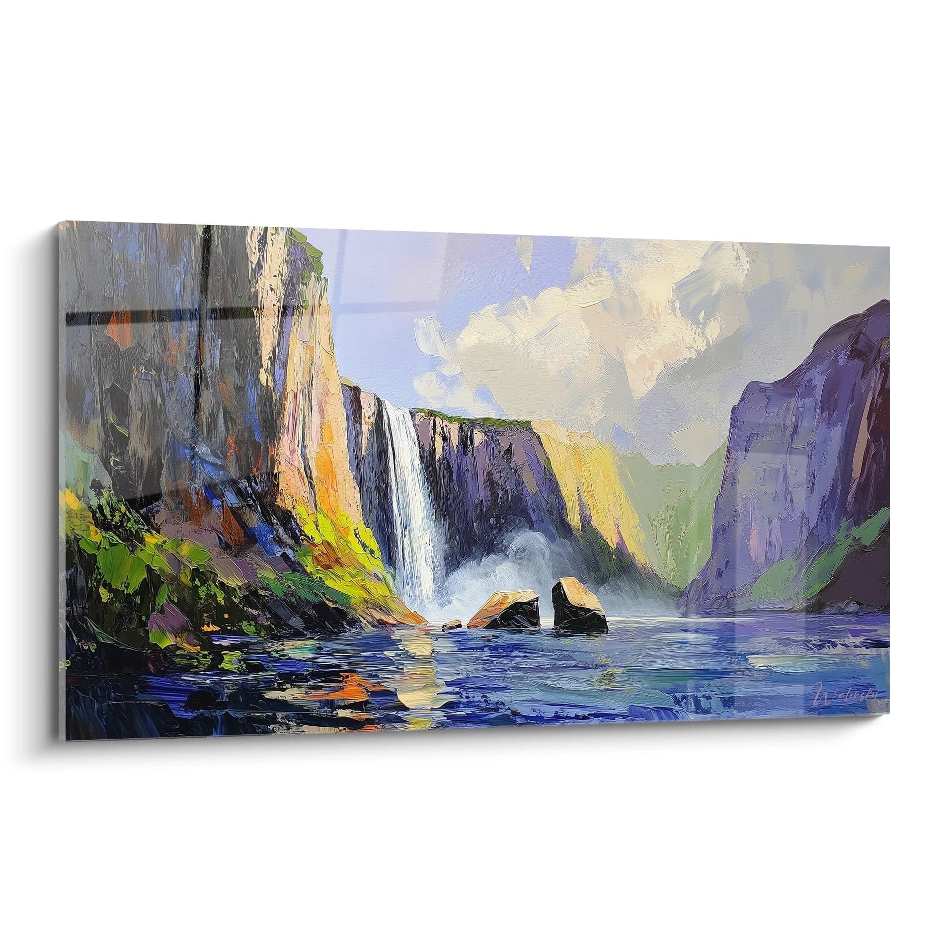 Un tableau montagneux représentant une cascade imposante tombant entre des falaises colorées, avec des tons violets dominants, des reflets bleus dans l'eau et une végétation verte éclatante, le tout peint avec une texture épaisse au couteau.
