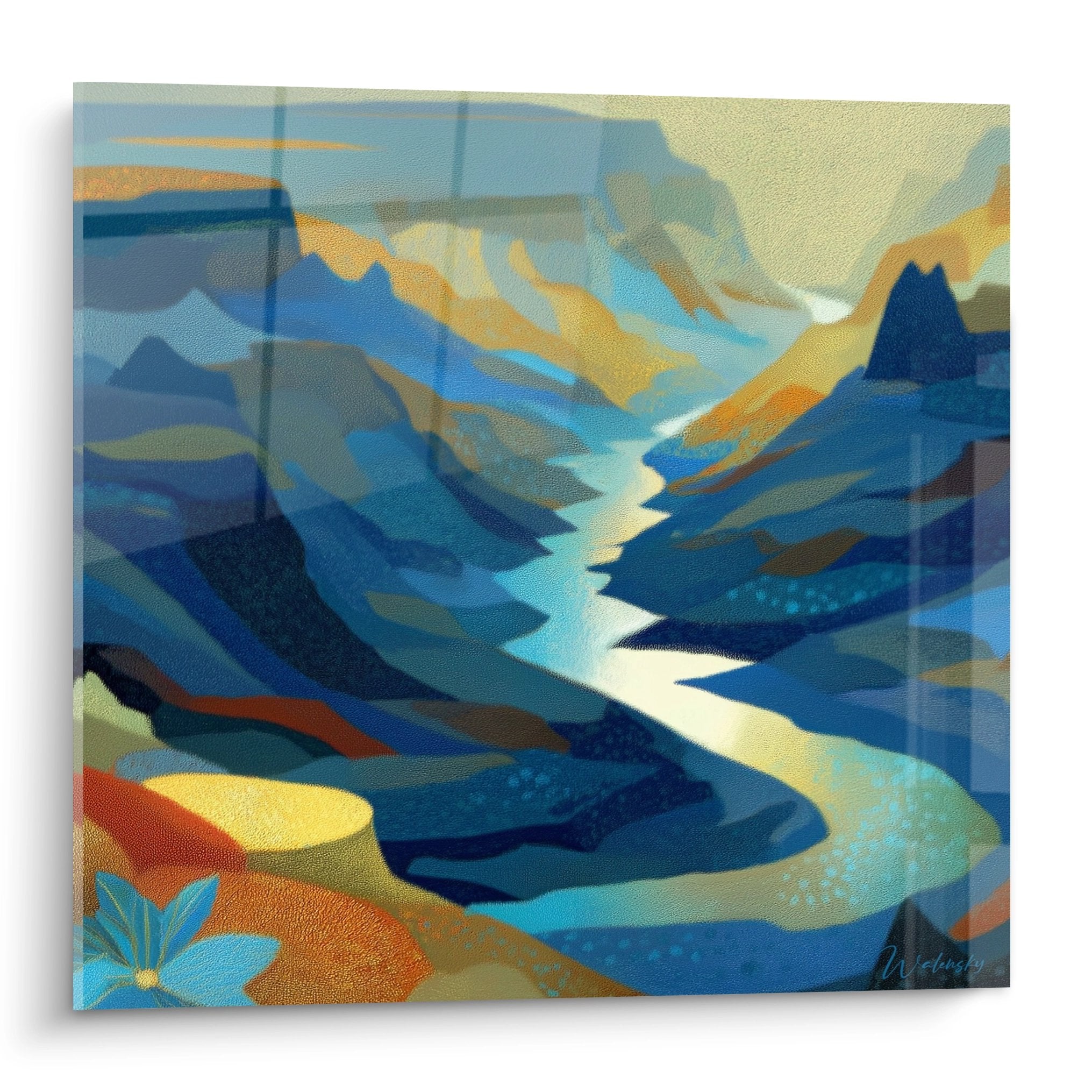 Tableau mural vallée montagneuse avec rivière serpentine aux teintes bleues dorées style contemporain