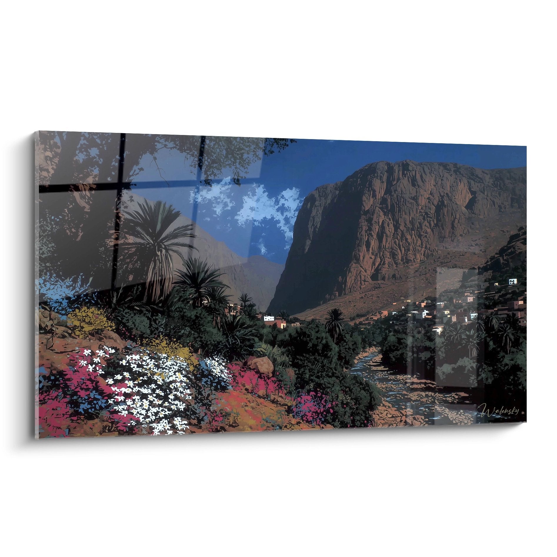 Tableau mural vallée oasis marocaine avec palmiers et gorges colorées style pop-art moderne