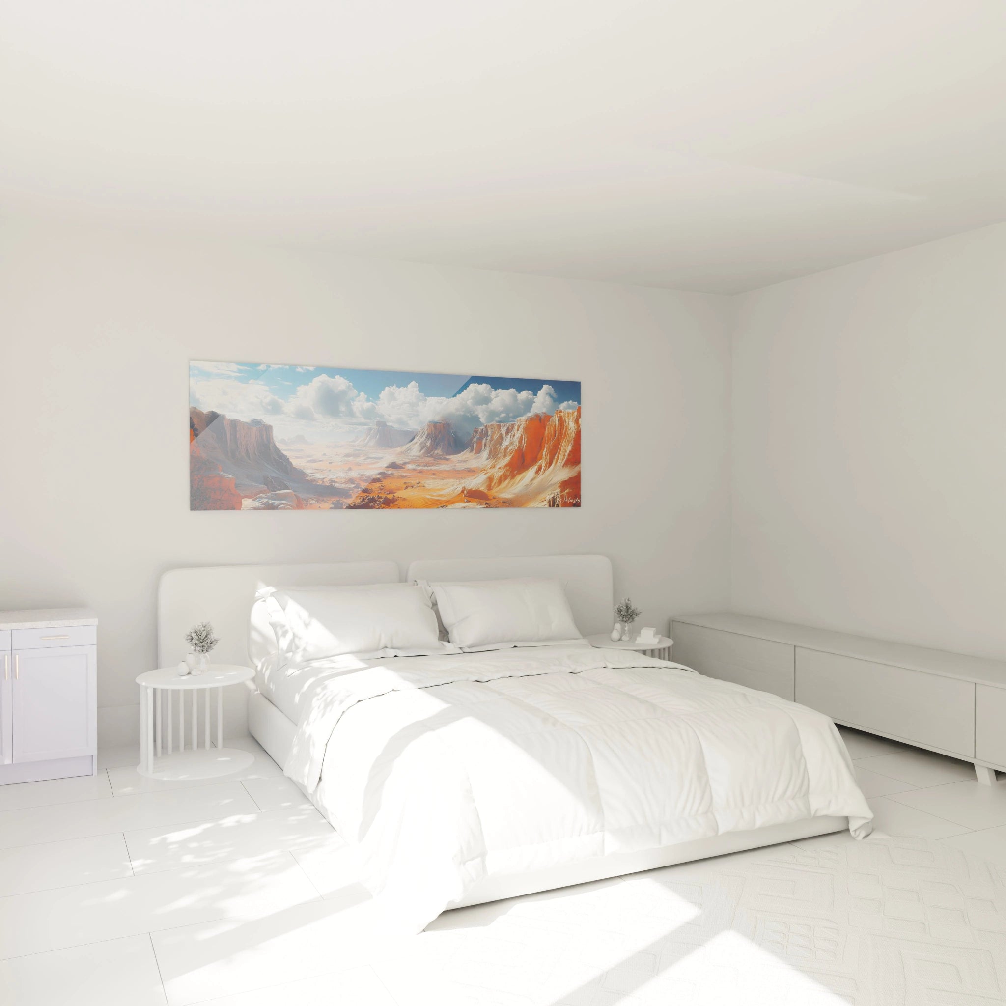 Un tableau montagne montrant un canyon désertique aux parois verticales orangées qui contrastent avec un ciel azur et des nuages volumineux, offrant une perspective étendue sur un paysage aride aux reliefs spectaculaires et textures géologiques.