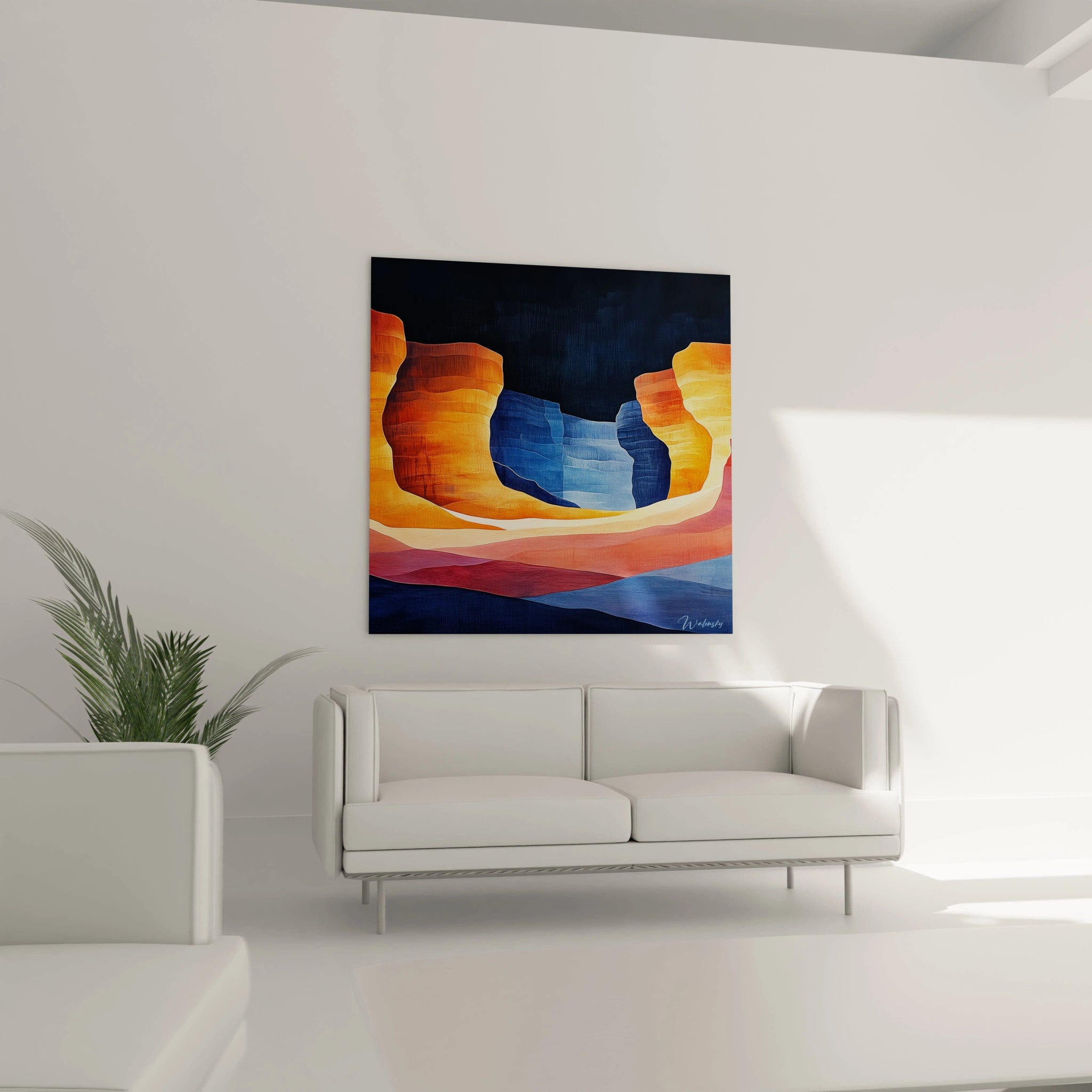 Tableau canyon stylisé montrant des falaises abruptes aux tons orangés et dorés qui contrastent avec un abîme bleu central, présentant des lignes courbes et des transitions douces entre les différentes couches géologiques.
