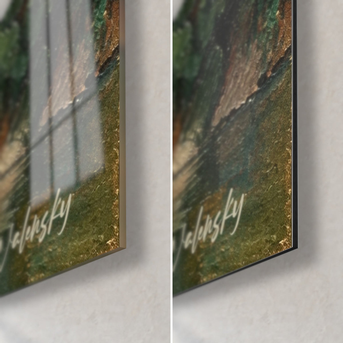 Gemälde Felsbogen in Ocker und Grün, untere rechte Ecke: glänzendes Acrylglas links, matte Alu-Dibond-Platte rechts, 3 mm Stärke