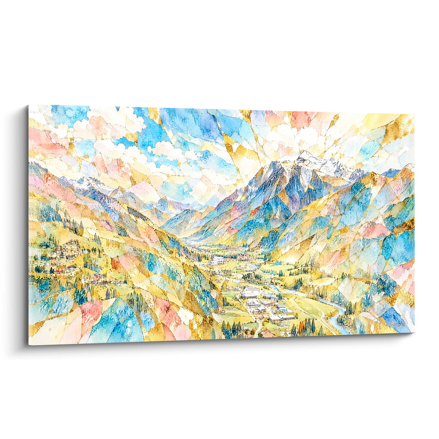 Tableau Vallée alpine aux reflets dorés et bleus - Éveil montagnard - Edition Valsassina Lombardie Italie