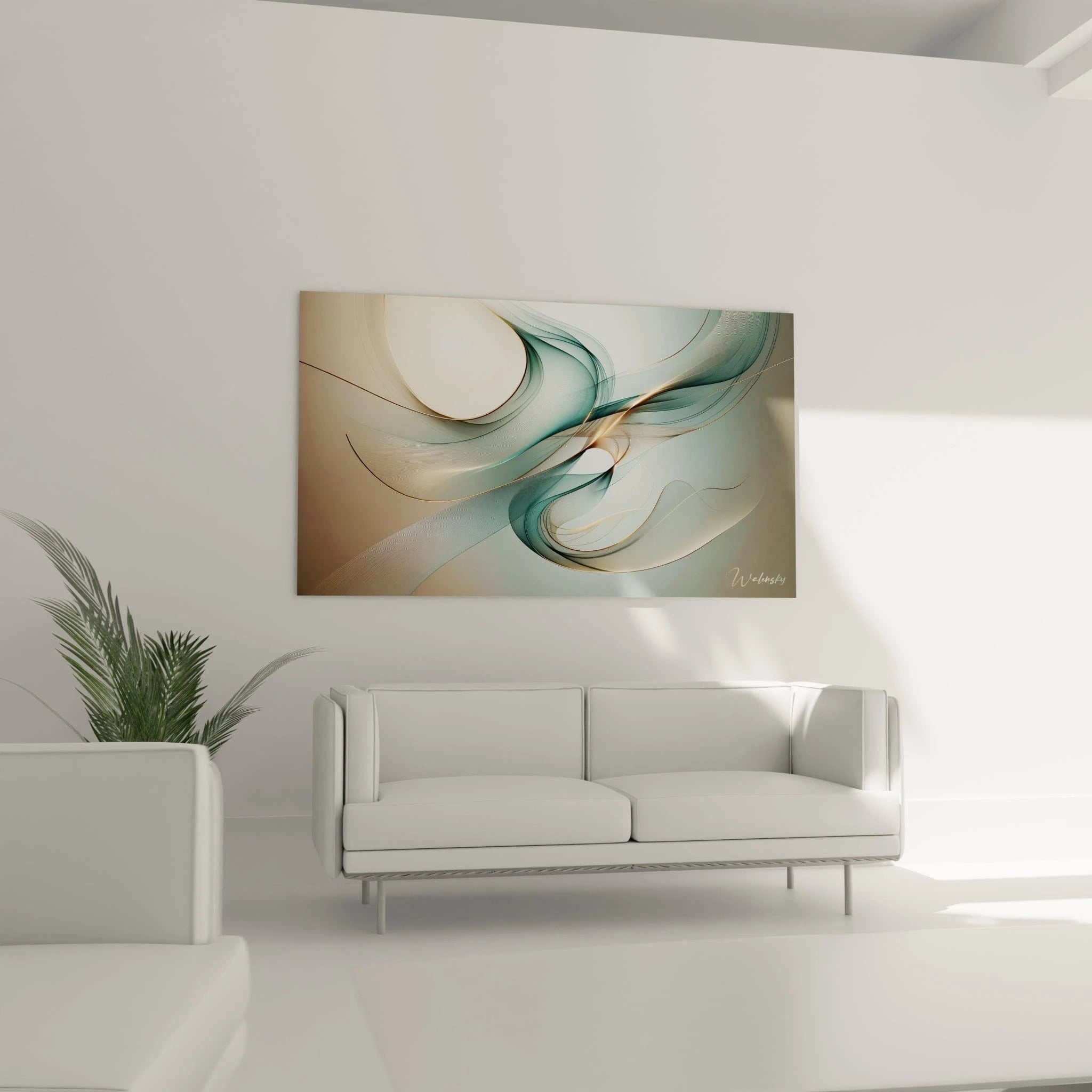 Tableau abstrait montrant des drapés géométriques aux contours doux. Spectre chromatique épuré alliant turquoise pâle, blanc et or sur fond beige clair. Effet visuel de transparence obtenu par superposition de couches fines striées. Composition harmonieuse avec formes courbes entrecroisées et accents dorés ponctuels apportant chaleur et lumière.
