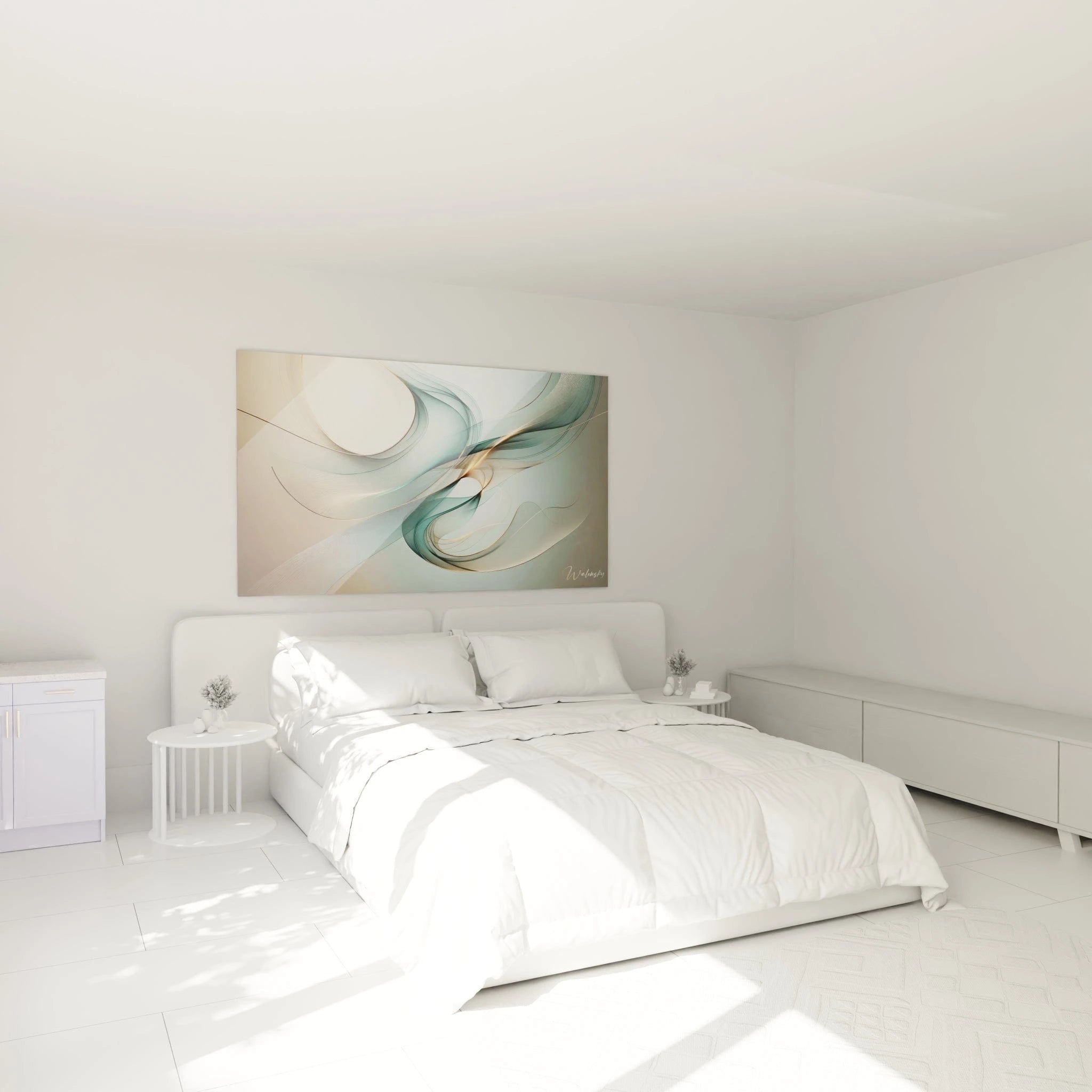 Tableau abstrait figurant des voiles translucides en mouvement. Palette minimaliste de vert d'eau, blanc nacré et accents dorés sur fond crème. Surface texturée par lignes fines parallèles formant des rubans ondoyants. Structure fluide avec courbes délicates et intersections lumineuses créant une sensation de légèreté et d'équilibre.
