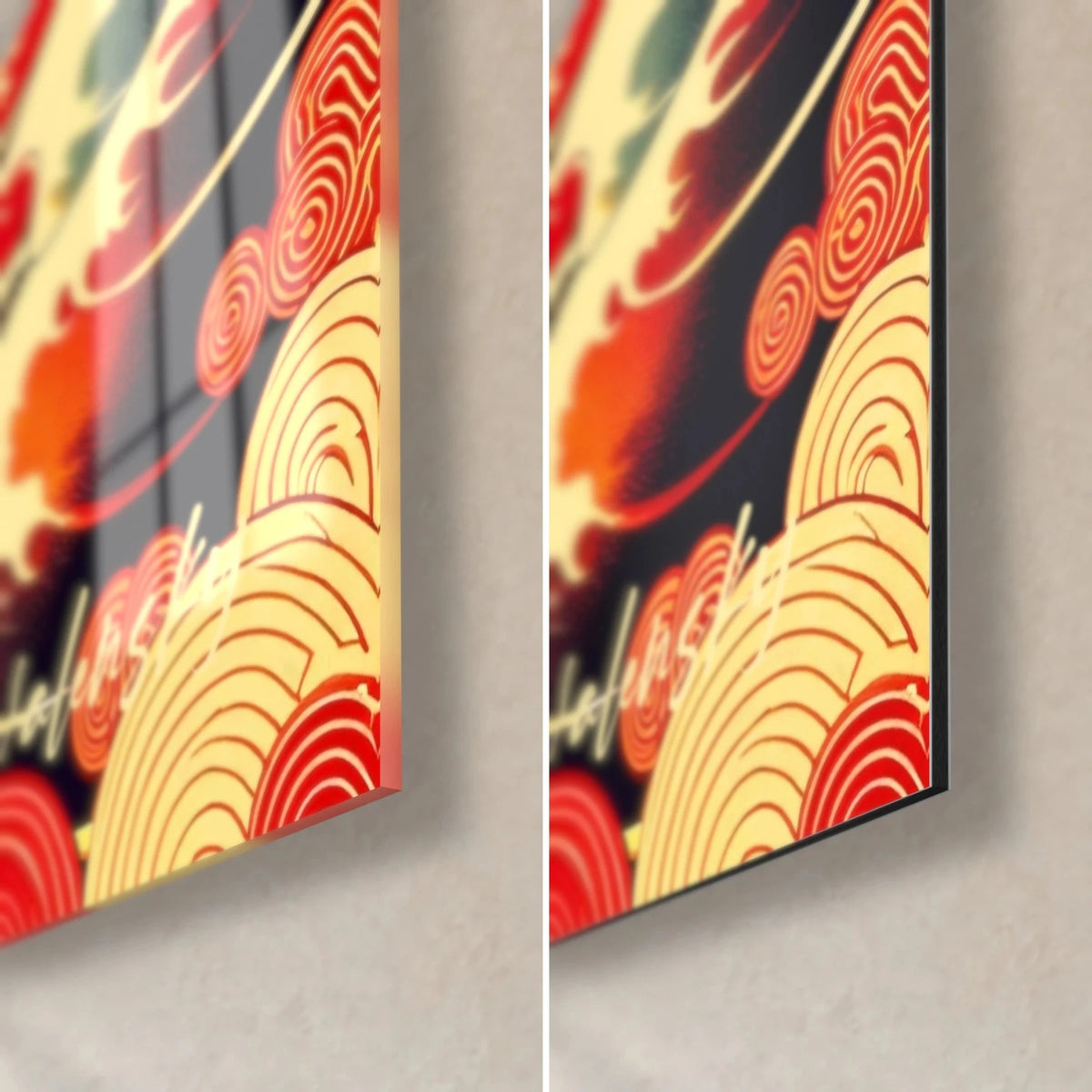 Tableau valse en kimono rouge, coin bas droit : verre brillant à gauche, alu Dibond mat à droite, spirales crème et rouge, tranche 3 mm