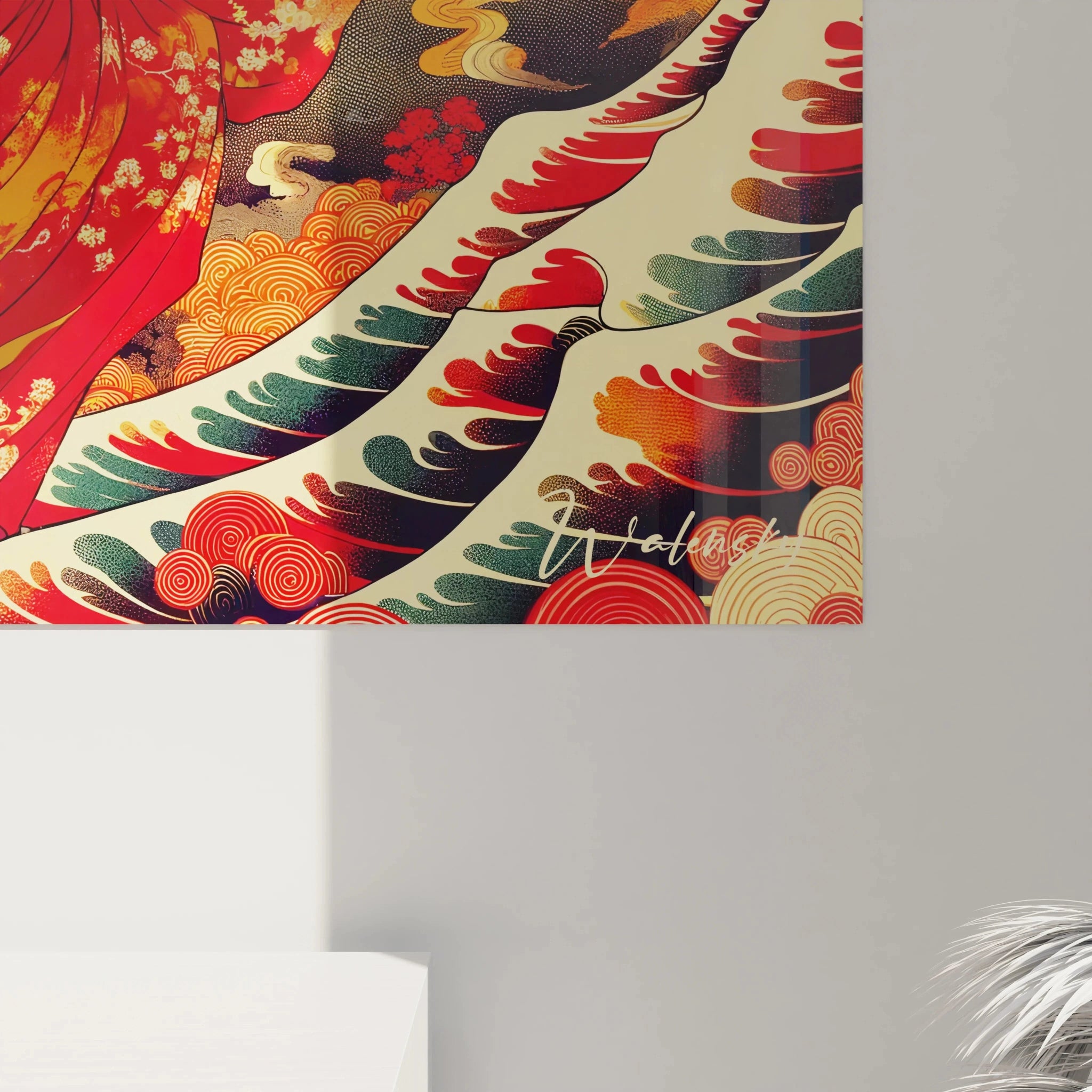 Un tableau asie riche en details kimono rouge orne motifs floraux vagues tourbillonnantes et lignes graphiques soulignant harmonie entre nature et culture asiatique

