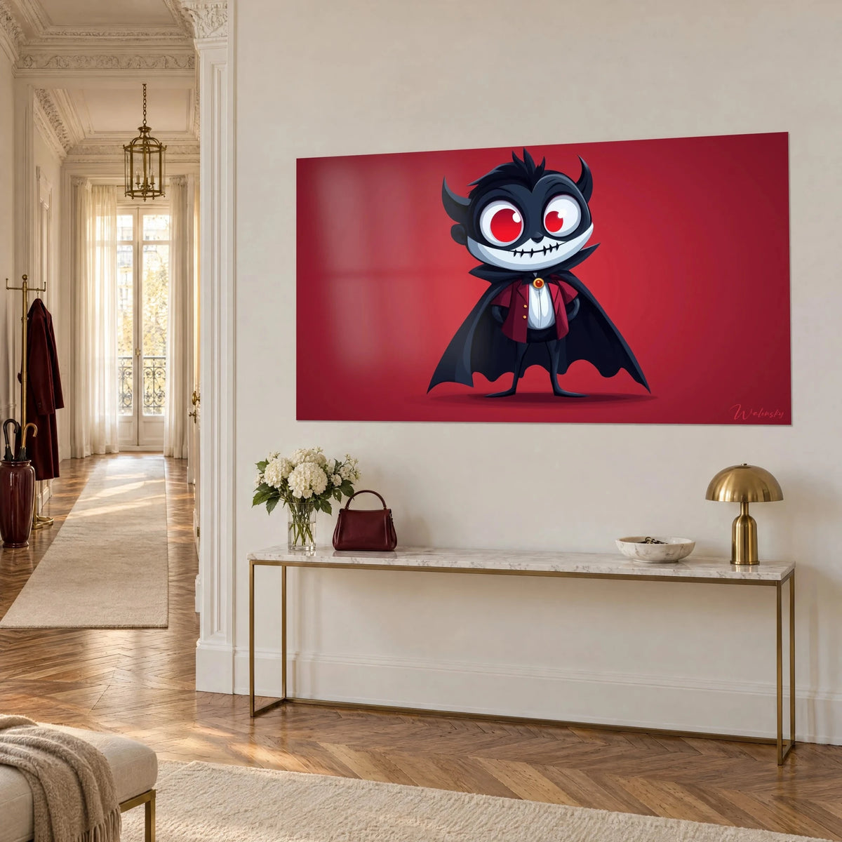 Gemälde eines Cartoon-Draculas mit zugenähtem Lächeln, dunklem Umhang und goldener Brosche, aus dreiviertel Ansicht über einer goldenen Konsole