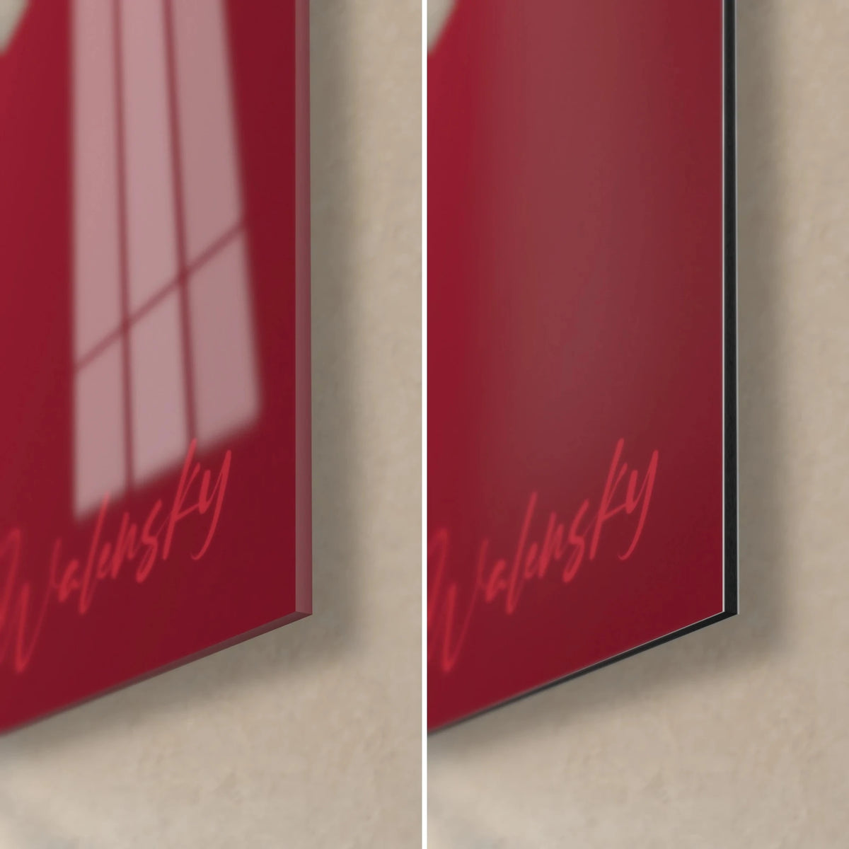 Gemälde eines kleinen krimsonroten Vampirs, untere rechte Ecke: glänzendes Acrylglas mit Reflexen, mattes schwarzes Dibond-Aluminium und rote Signatur
