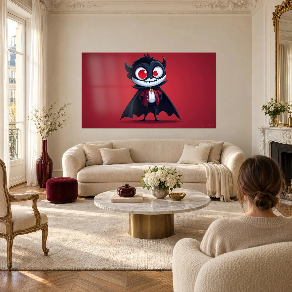 Gemälde eines kleinen Vampirs mit weit aufgerissenen roten Augen, schwarzer Umhang und bordeauxrote Weste vor krimsonrotem Hintergrund, über einem Sofa in einem hellen Wohnzimmer