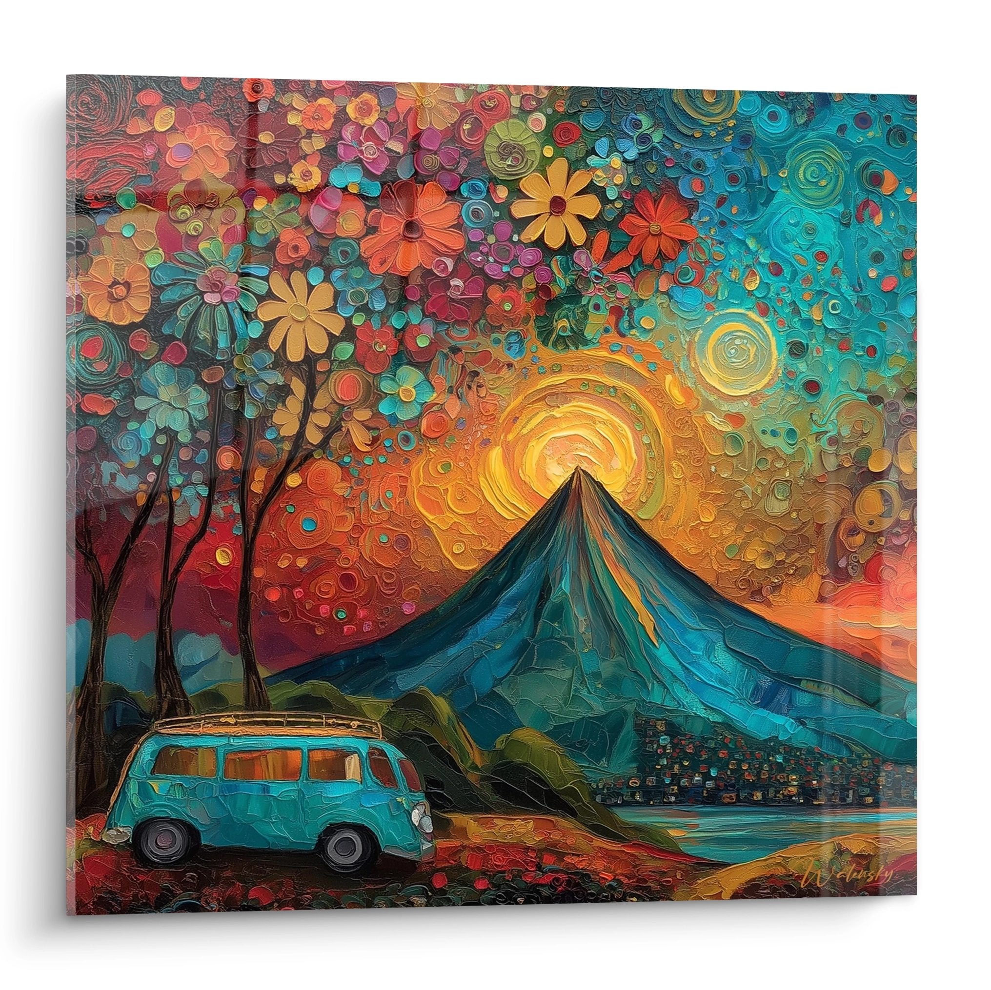 Tableau van rétro turquoise devant volcan coloré style psychédélique fleurs multicolores