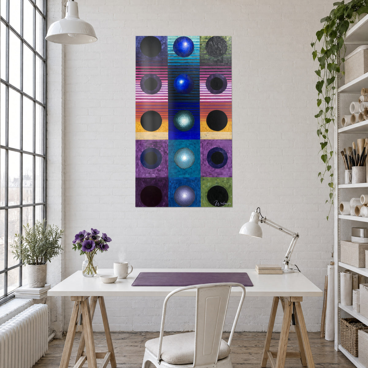 Cuadro mosaico de globos negros luminosos en rosa, índigo y naranja, colgado encima de un escritorio blanco del loft