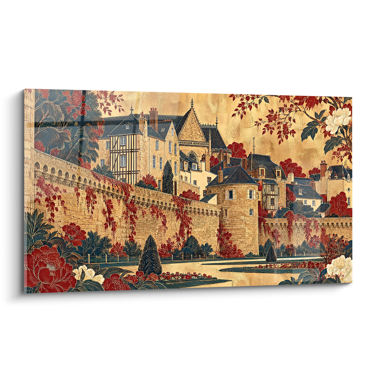 Wall art golden ramparts of the walled town adorned with red and white flowers on an ochre background