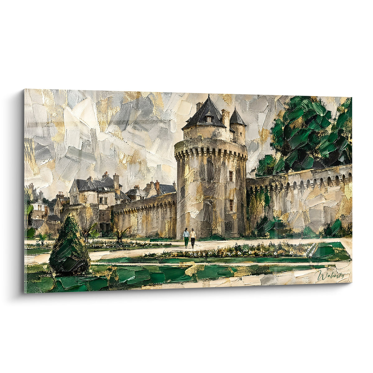 Tourelle fortifiée aux tons ocre et gris, remparts bretons peints en relief au couteau