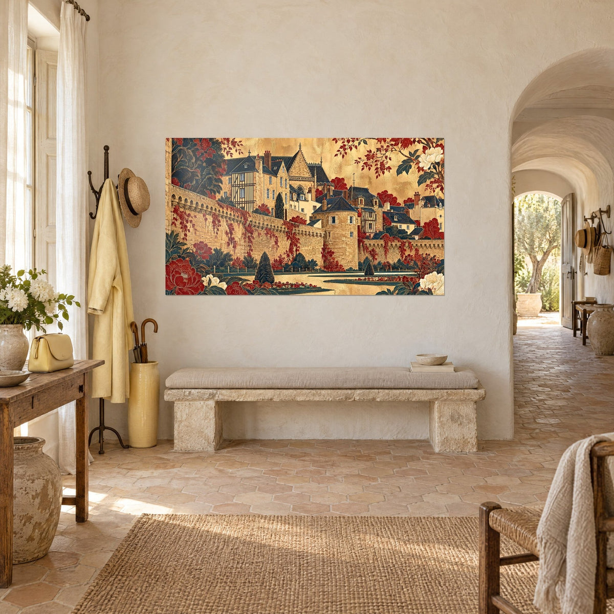 Wall art Breton fortified town in ochre stone, half-timbered houses and carmine red foliage, hung above a stone bench
